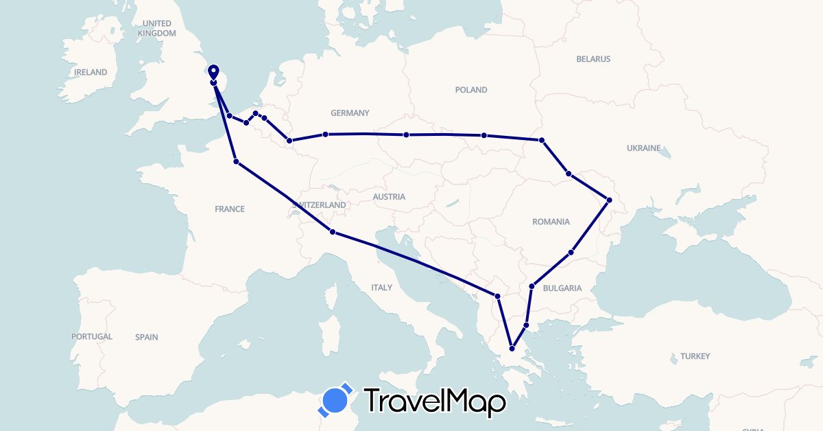 TravelMap itinerary: driving in Belgium, Bulgaria, Czech Republic, Germany, France, United Kingdom, Greece, Italy, Luxembourg, Moldova, Poland, Romania, Ukraine, Kosovo (Europe)